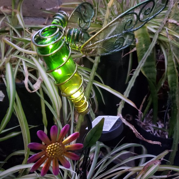 Glass Bottle, Metal Butterfly Solar LED Garden Stake, Yard Art - Picture 1 of 3